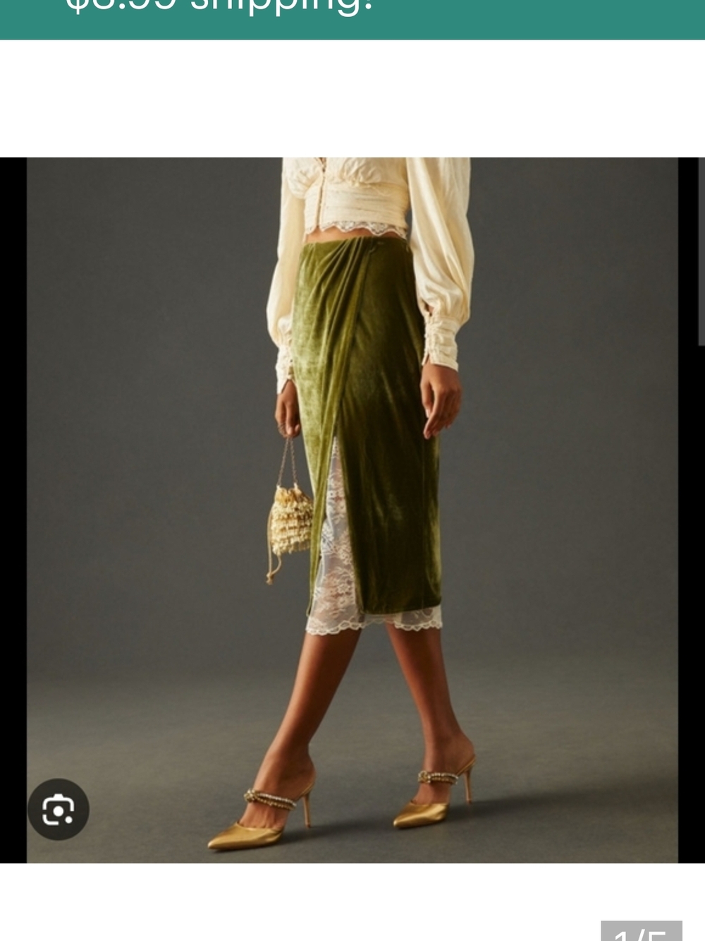 NWT Anthropologie Olive Green Velvet Midi Skirt with Lace Trim-size Large